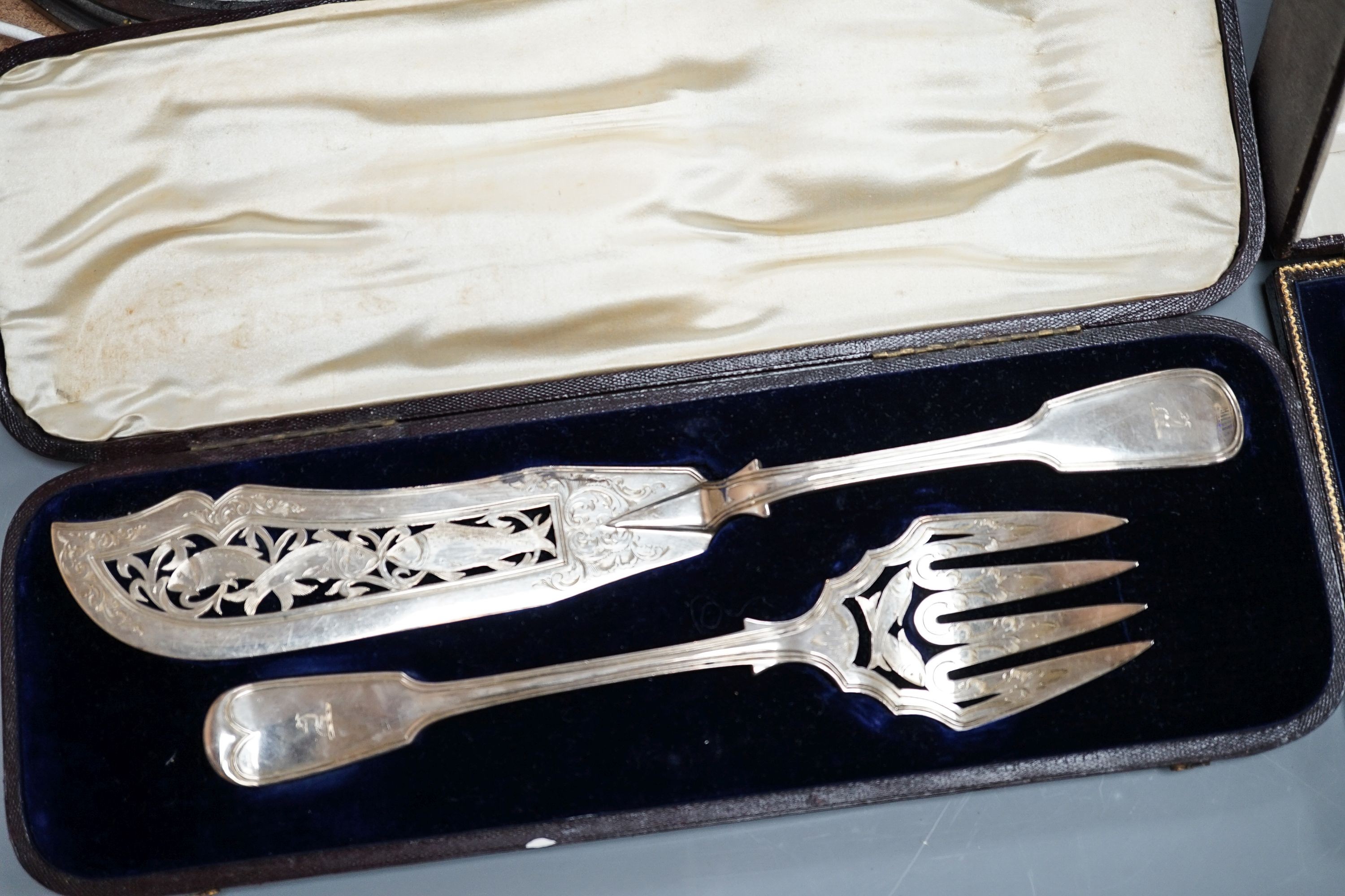A cased pair of Victorian silver fish servers, London, 1856, together with a cased set of four - Image 2 of 7