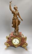 A bronzed spelter and rouge marble figural mantel clock 65cm