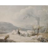 19th Century Dutch School, ink and watercolour, Cattle and goats watering, 17.5 x 22cm