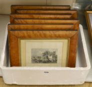A set of six Victorian coloured steel engravings housed in bird's eye maple frames, frames overall