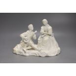 A 19th century Minton biscuit group of a boy with a lute and a girl with a fan, 22cm wide