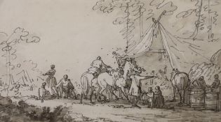 Attributed to Jacques François Joseph Swebach (1769-1823), pen and ink, An encampment, label