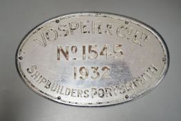 A Vosper & Co. Ltd. Oval shipbuilders chrome plaque, 1932, 21cm.