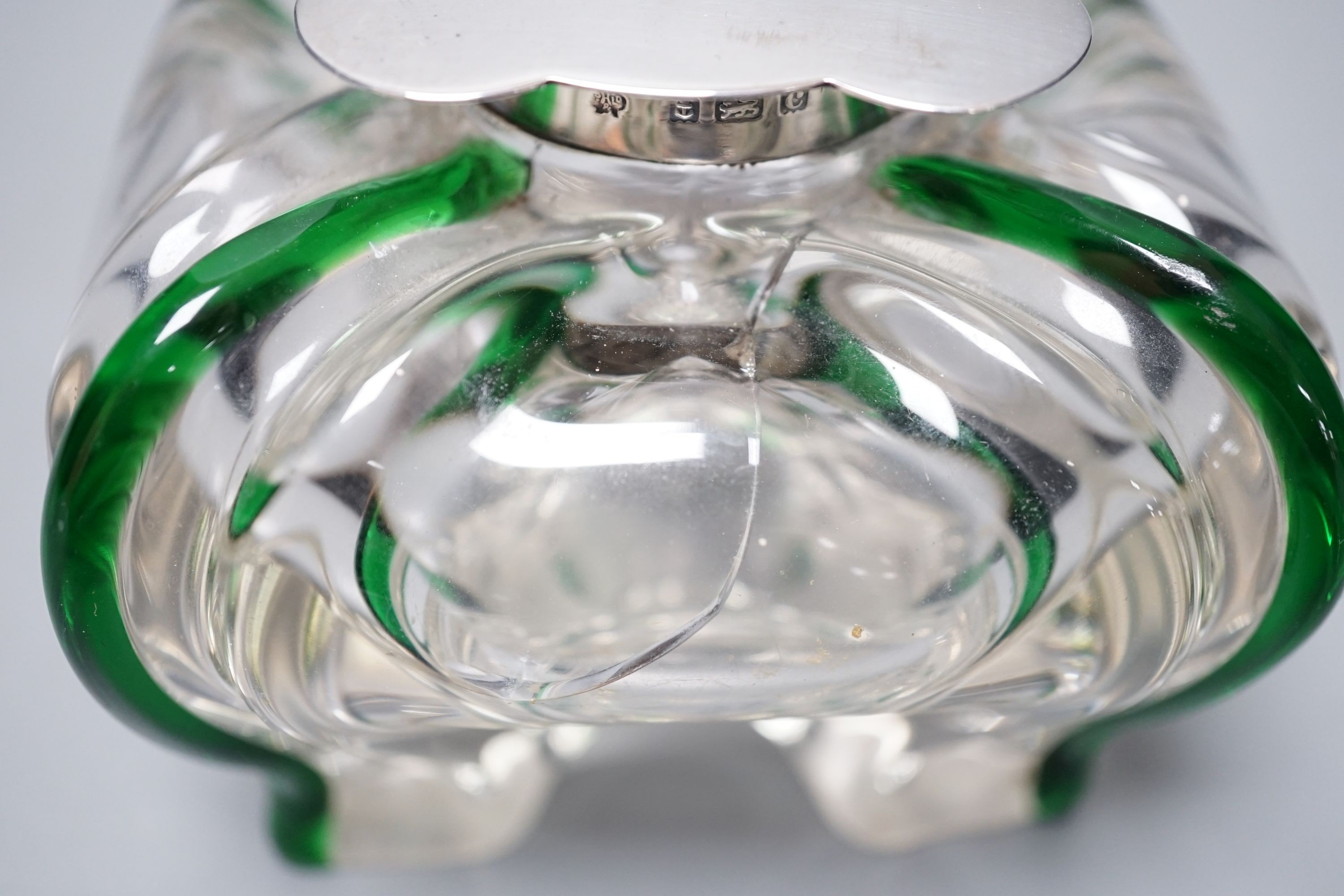 A silver-mounted green trailed glass inkwell, possibly Powell, Whitefriars. The lid initialled ‘G. - Image 4 of 6