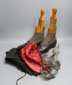 A pair of 19th century buttoned boots, a pair of spats, a red silk jockey's cap, a pair of spurs and