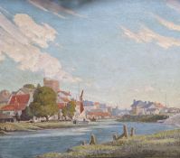 Middlecoat (1890-1959), oil on canvas, Riverside town, signed, 64 x 77cm,