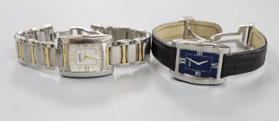 Two modern steel Ebel quartz wrist watches, Tarawa with leather strap and Brasilia with two tone