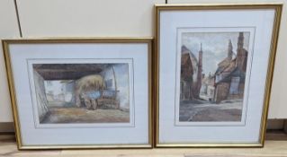 F. da Ponte Player (Exh 1880-1882), two watercolours, 'A Back Street at Rye' and 'A Sussex Barn',