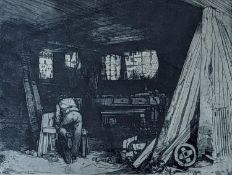Fred Cecil Jones RBA (1891-1956), etching, Carpenter in a workshop, signed in pencil and dated 1914,