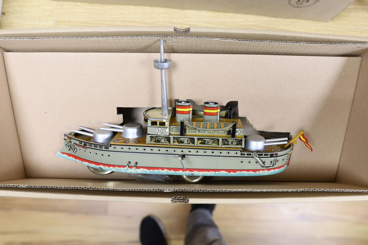 Three IBA tinplate boxed toys, two boats and a train,largest boat 42 cms wide. - Image 3 of 5