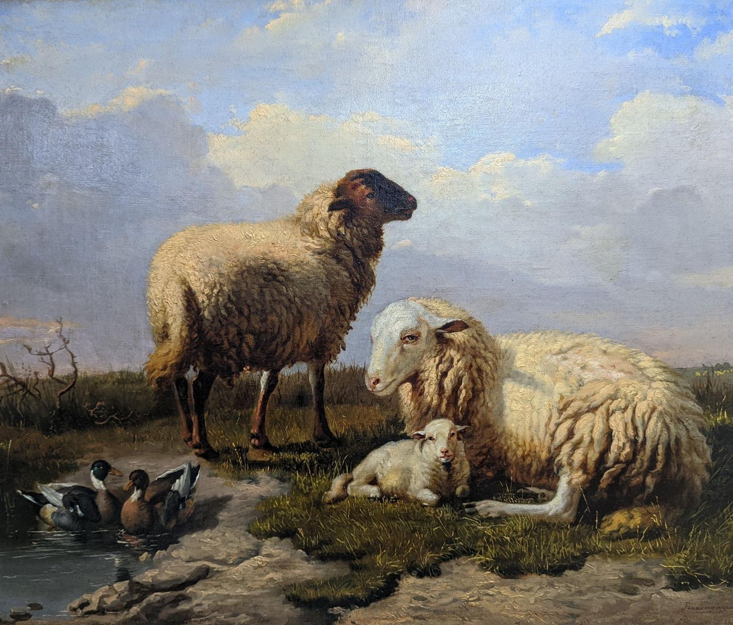19th Century Dutch School, oil on canvas, Sheep and ducks in a landscape, indistinctly signed, 53