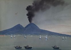 Neopolitan School, gouache, Bay of Naples with Vesuvius erupting, 33 x 43cm