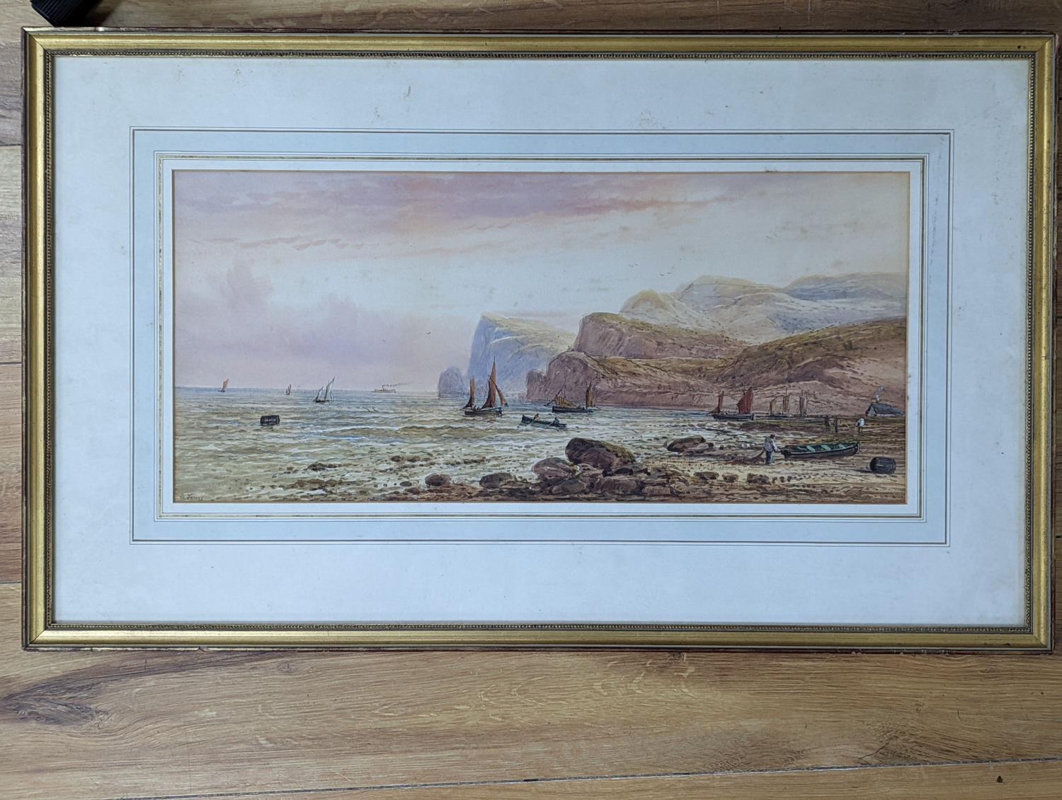 E. Lewis (Earp), watercolour, Fishing boats along the coast, signed, 23 x 53cm - Image 2 of 4