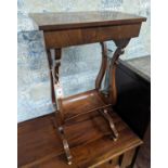 A reproduction Regency style mahogany work table on lyre supports, width 39cm, depth 27cm, height