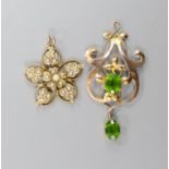 An early 20th century 9ct and green stone doublet set drop pendant, 41mm, gross 2 grams and a 15ct