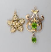 An early 20th century 9ct and green stone doublet set drop pendant, 41mm, gross 2 grams and a 15ct