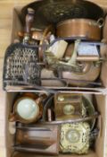 Two boxes of brass and copper ware, and a copper lustre jug
