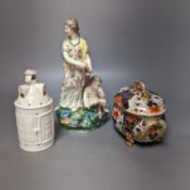 Two Chelsea Derby figure groups, three Derby Japan-pattern items to include an ice pail and two