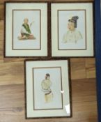 Maung Soya Saung, three watercolours, Portraits of Burmese figures, signed, 28 x 19cm