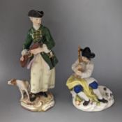 A Meissen figure of a seated man playing the bagpipes, 8.5cm., and a similar group of a huntswoman