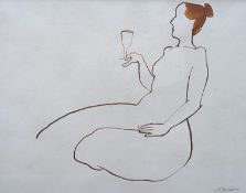 John Minnion (1949-), ink and wash, Woman with wine glass, signed, 22 x 29cm