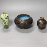 Two Chinese cloisonné enamel vases and a Japanese cloisonne vase (3), tallest 13 cms high.