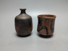 A quantity of various scrolls (faded pink, unreadable), and two Japanese studio ceramic pots,