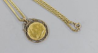 A Victoria 1893 gold sovereign, in pendant mount, on a 9ct chain,gross weight 23.9 grams.