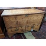An early 19th century pine two drawer mule chest, length 90cm, depth 45cm, height 60cm