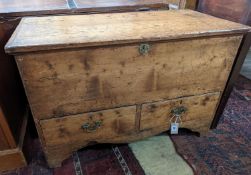 An early 19th century pine two drawer mule chest, length 90cm, depth 45cm, height 60cm