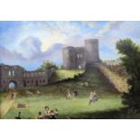 English School, oil on canvas, Figures dancing before castle ruins, 68 x 90cm