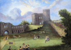 English School, oil on canvas, Figures dancing before castle ruins, 68 x 90cm