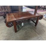 A late Victorian Chinese hongmu rectangular low table, width 90cm, depth 43cm, height 34cm