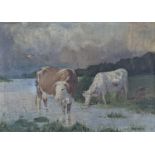 English School, c.1900, oil on canvas, Cattle watering, 26 x 36cm