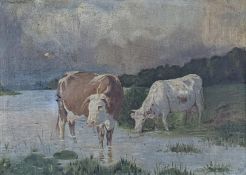 English School, c.1900, oil on canvas, Cattle watering, 26 x 36cm