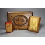 An olive wood blotter pad, 30cm two cased packs cards