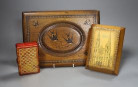 An olive wood blotter pad, 30cm two cased packs cards