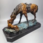 A contemporary cold-painted metal horse on marble base 43cm