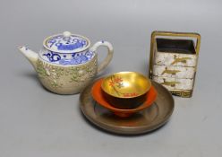 A group of Japanese lacquer and a blue and white teapot, 8cm. high