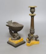 A 19th century bronze dolphin inkstand, 15cm. high, and a similar candlestick, on Sienna marble