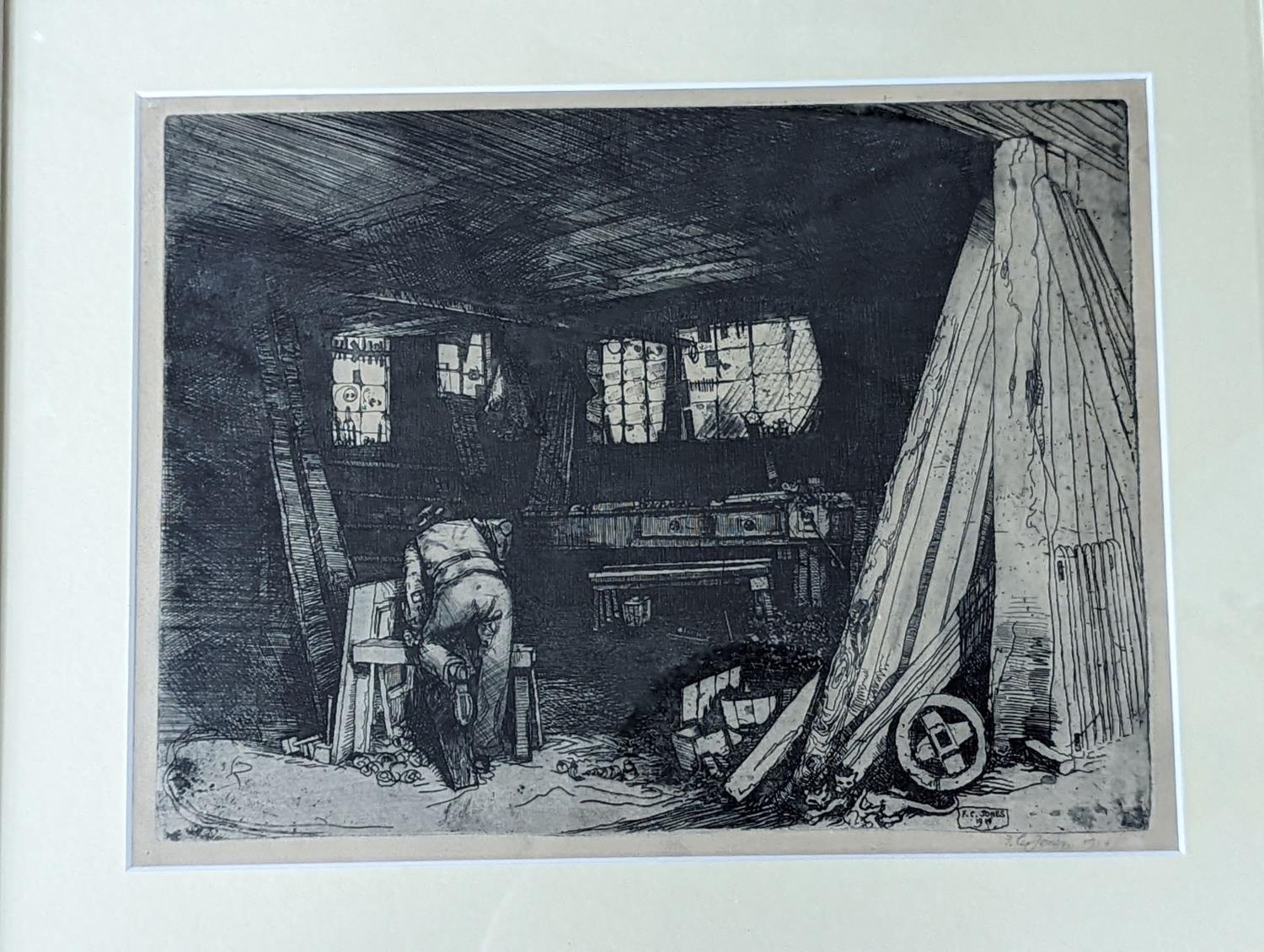 Fred Cecil Jones RBA (1891-1956), etching, Carpenter in a workshop, signed in pencil and dated 1914, - Image 2 of 4