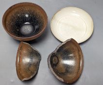 Two Chinese hare’s fur bowls and a Qingbai style dish, 13cm