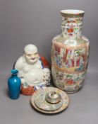 A Chinese famille rose vase, a figure of Budai, a turquoise glaze vase etc, vase 45 cms high.