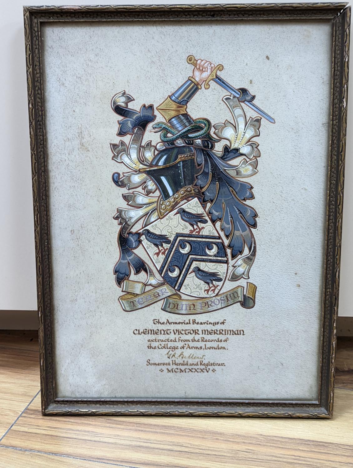 An illuminated parchment armorial, The Bearings of Clement Victor Merriman, 1935, signed by Sir - Image 2 of 3