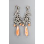 A pair of white metal, white paste and coral set drop earrings, 67mm.