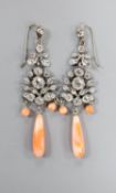 A pair of white metal, white paste and coral set drop earrings, 67mm.