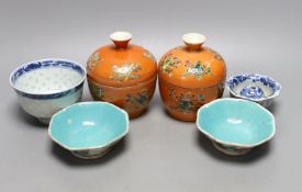 A pair of Chinese Straits chupu , with covers, 12cm. high, two enamelled dishes and two other items