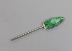 An early 20th century French white metal (18ct poincon mark), simulated jade and diamond chip set