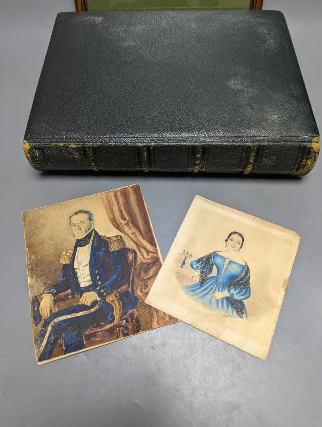 Two Victorian leather photograph albums, without contents, two Victorian portrait miniatures, - Image 2 of 5