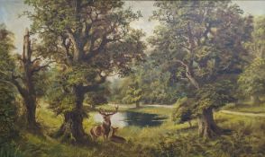 J. Lewis, oil on canvas, Deer in woodland, signed, 60 x 100cm